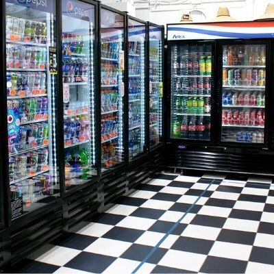 Refrigerators with a wide selection of cold beverages at convenience store near Coast Village, Santa Barbara CA.