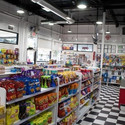 Interior view of convenience store at gas station near Eucalyptus Hill, Santa Barbara CA.