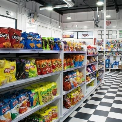 Shelves with a variety of chips and snacks near Santa Barbara Downtown, Santa Barbara CA.