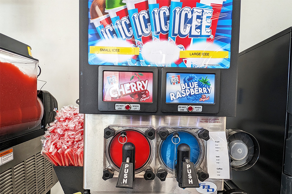 An ICEE machine with Cherry and Blue Raspberry options at our ICEE store near Esplanade Shopping Center, Oxnard, California.
