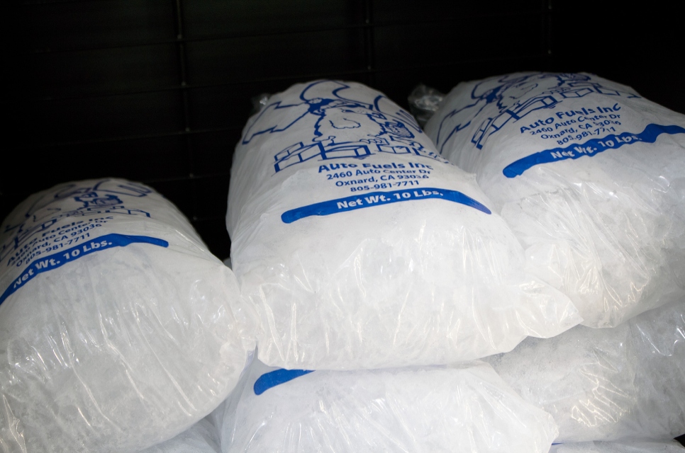 A pile of our 10 pound ice bags near El Rio West, Oxnard, California.