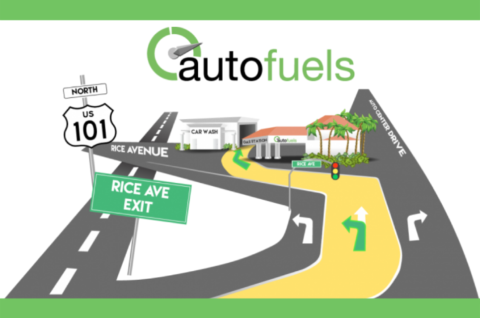 A stylized graphic of Auto Fuels Gas Station, which offers some of the best gas prices near Esplanade Shopping Center, Oxnard, California.